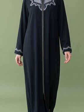 Embroidered Long Navy Blue Abaya with Front Zip